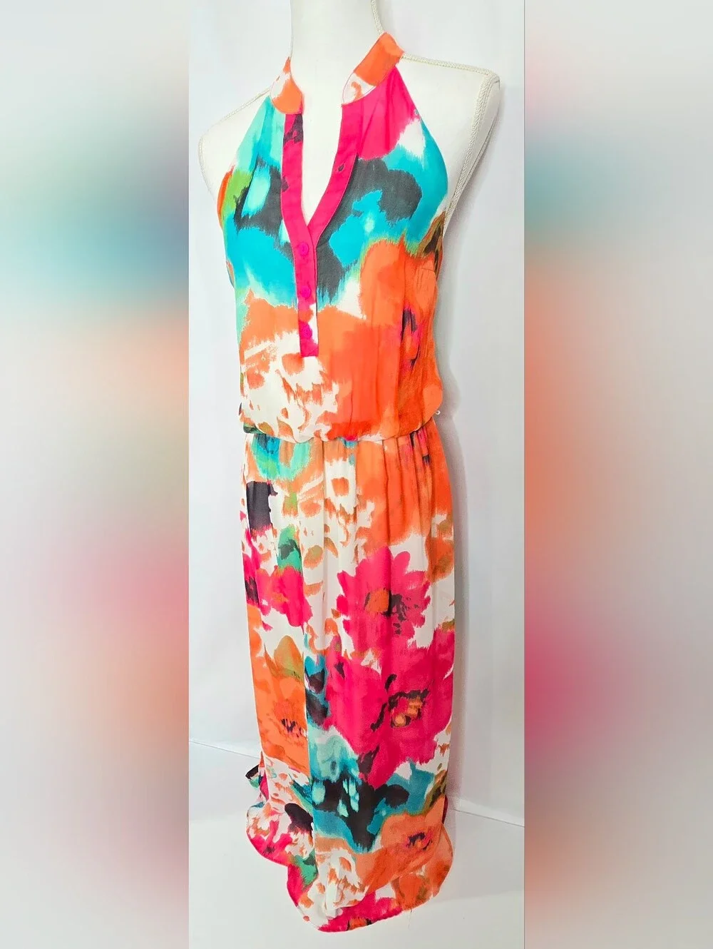 Bisou Bisou  Watercolor Floral Halter Maxi Wedding Guest/Resort Dress NWOT 14
